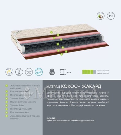 Жорсткий ортопедичний матрац Кокос+ жакард